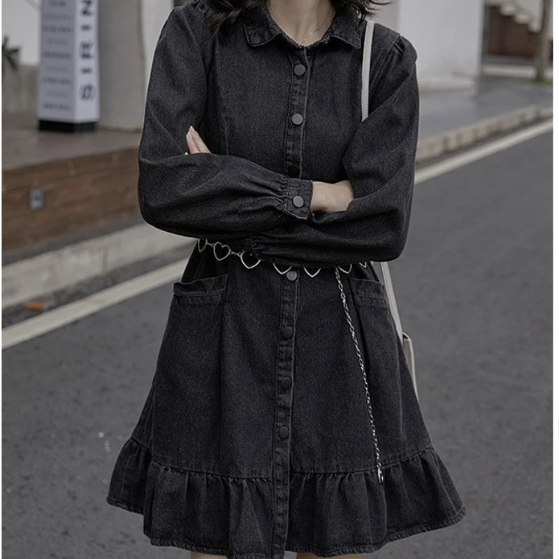 

Mid Length Dress Women Denim Dresses A Line Vestidos Streetwear Turn Down Collar Full Sleeve Elegant Splice Y2k Tight Waist 2025