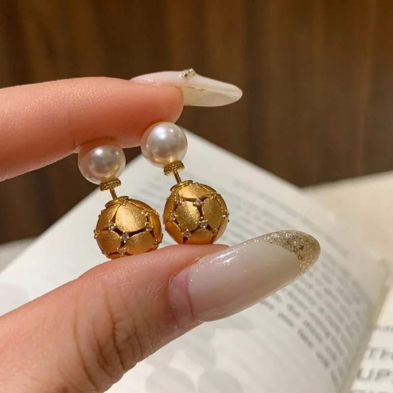

inlay diamond hollow out brushed rounds pearl earrings for women Two wearing styles earings stud high-end retro banquet jewelry
