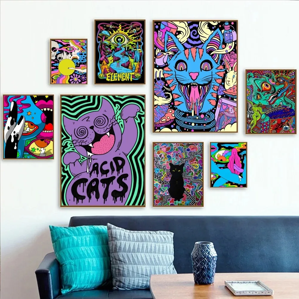 1pc colourful psychedelic cat Poster Paper Print Home Bedroom Entrance Bar Cafe Art Painting Decoration