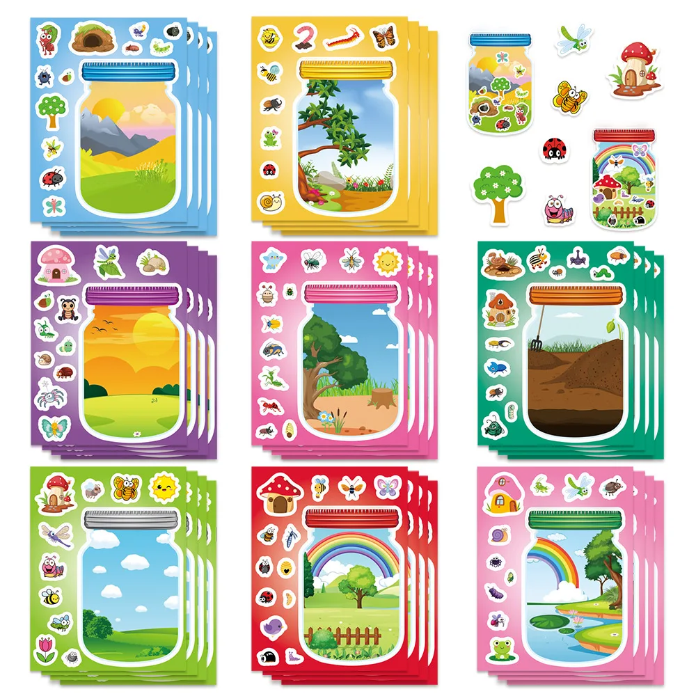 8/16Sheets Cartoon Outdoor Bottle World Puzzle Stickers Animal Children Puzzle Fun Toys Landscape Stickers Birthday Party Gifts