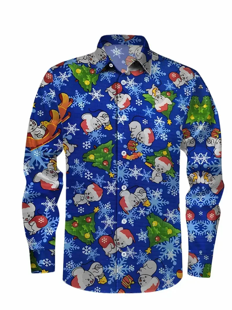 2026 يبتسم عيد الميلاد ثلاثية الأبعاد هدية الكرتون طباعة جديد قميص طويل الأكمام حفلة علوية السنة الجديدة عيد الميلاد قميص طوق زر حتى قميص