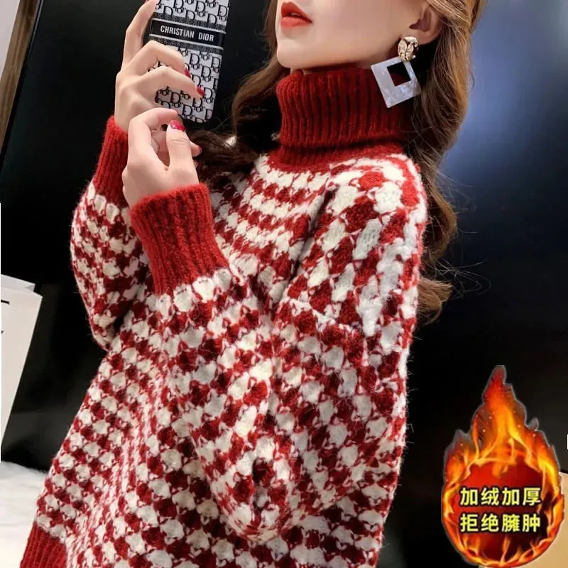 New Women's Pullover Sweater Coat Autumn Winter Plus Fleece Warm Knitted Bottoms Female Red Loose Turtleneck Sweater Outerwear