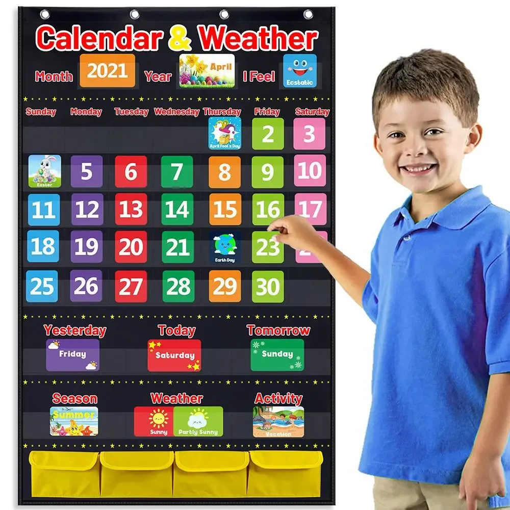 Calendar And Weather Pockets Chart Season Date Months Year Day For Chiledren Kids Early With 114 Cards School Supplies