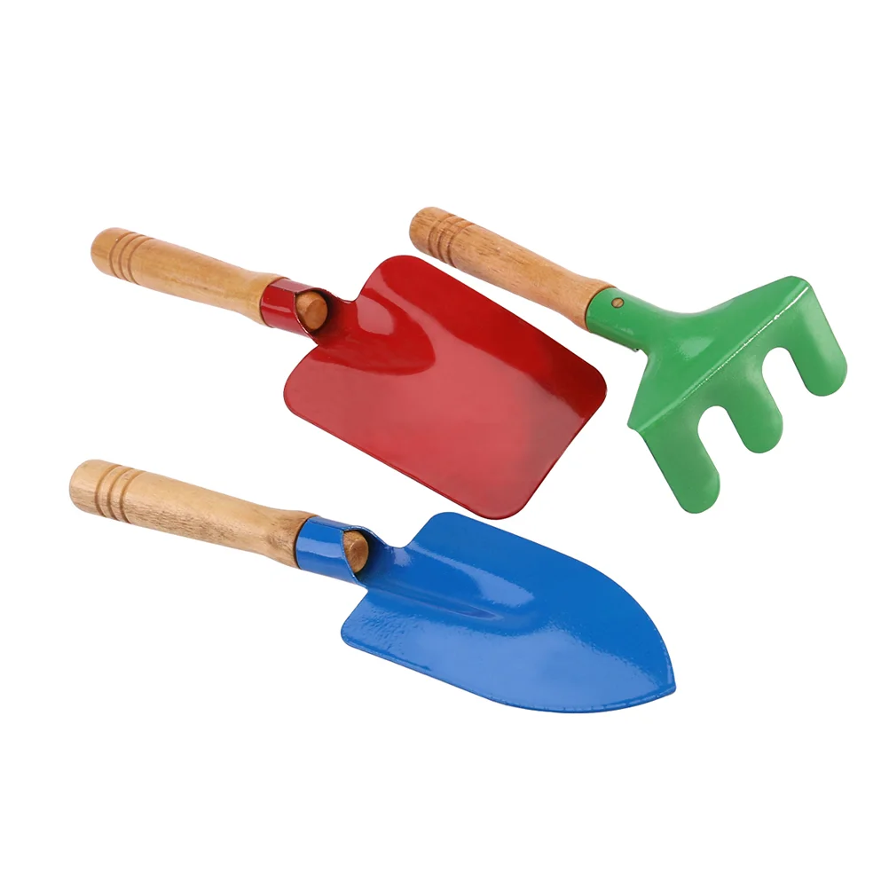 2 conjunto/6 pçs crianças ferramenta de jardim espátula de ferro ancinho colorido impresso ferramentas manuais com alça de madeira para crianças criança menina