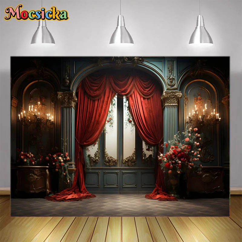 

Art Portrait Photo Backdrops Red Curtains European Royal Room Layout Candles Flowers Decor Photography Backgrounds Studio Props