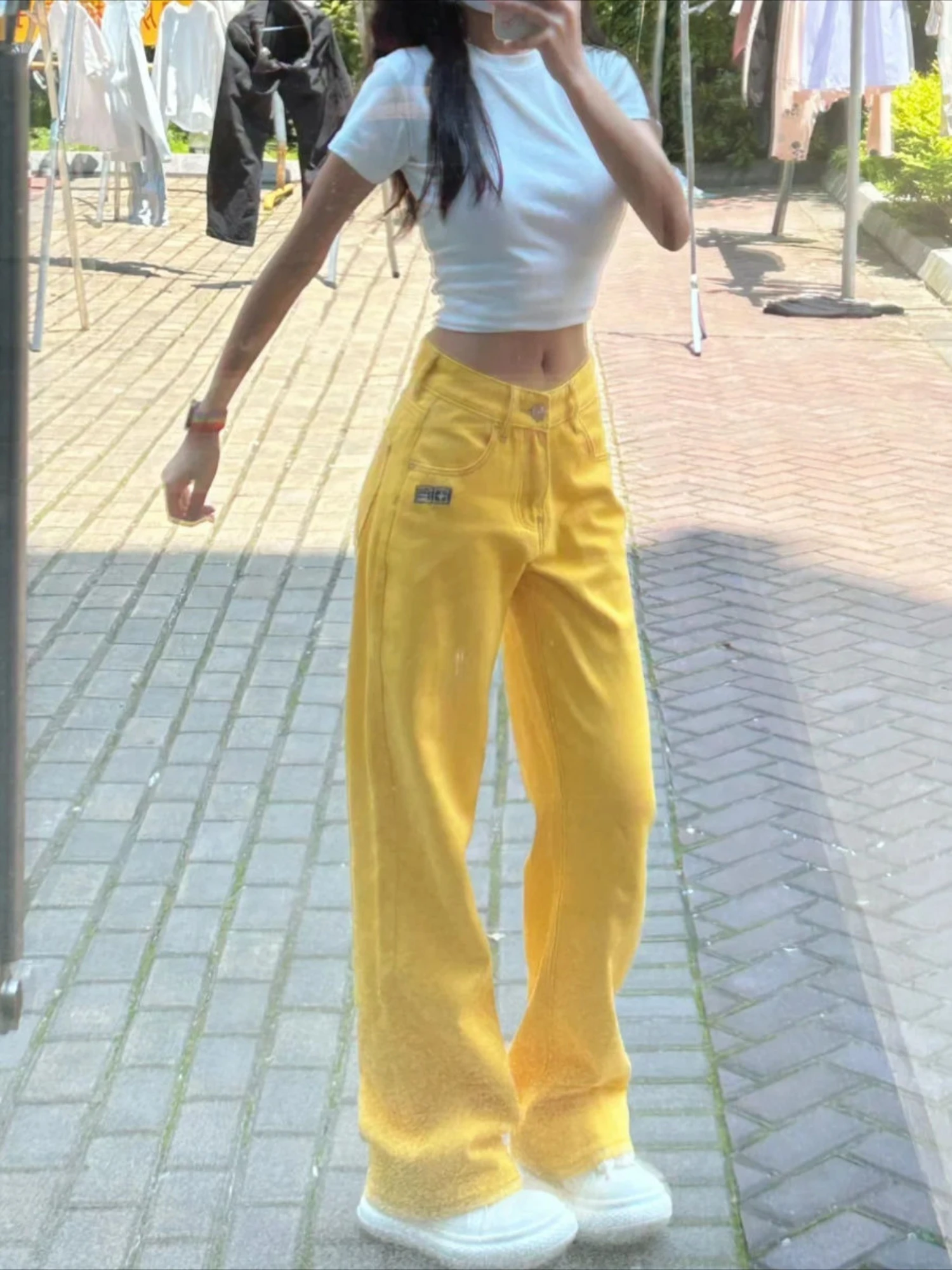 

Cowboy Pants for Woman Straight Leg Women's Jeans High Waist Shot Cargo Trousers Yellow Embroidered Vintage Harajuku Fashion R A