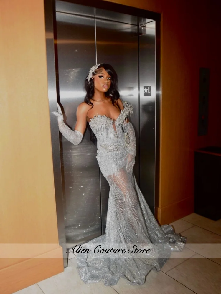 Silver Prom Dresses For Girl 2026 Diamonds Sweetheart Crystal Long Gloves Party Dress Beaded Birthday Party Gowns Customized