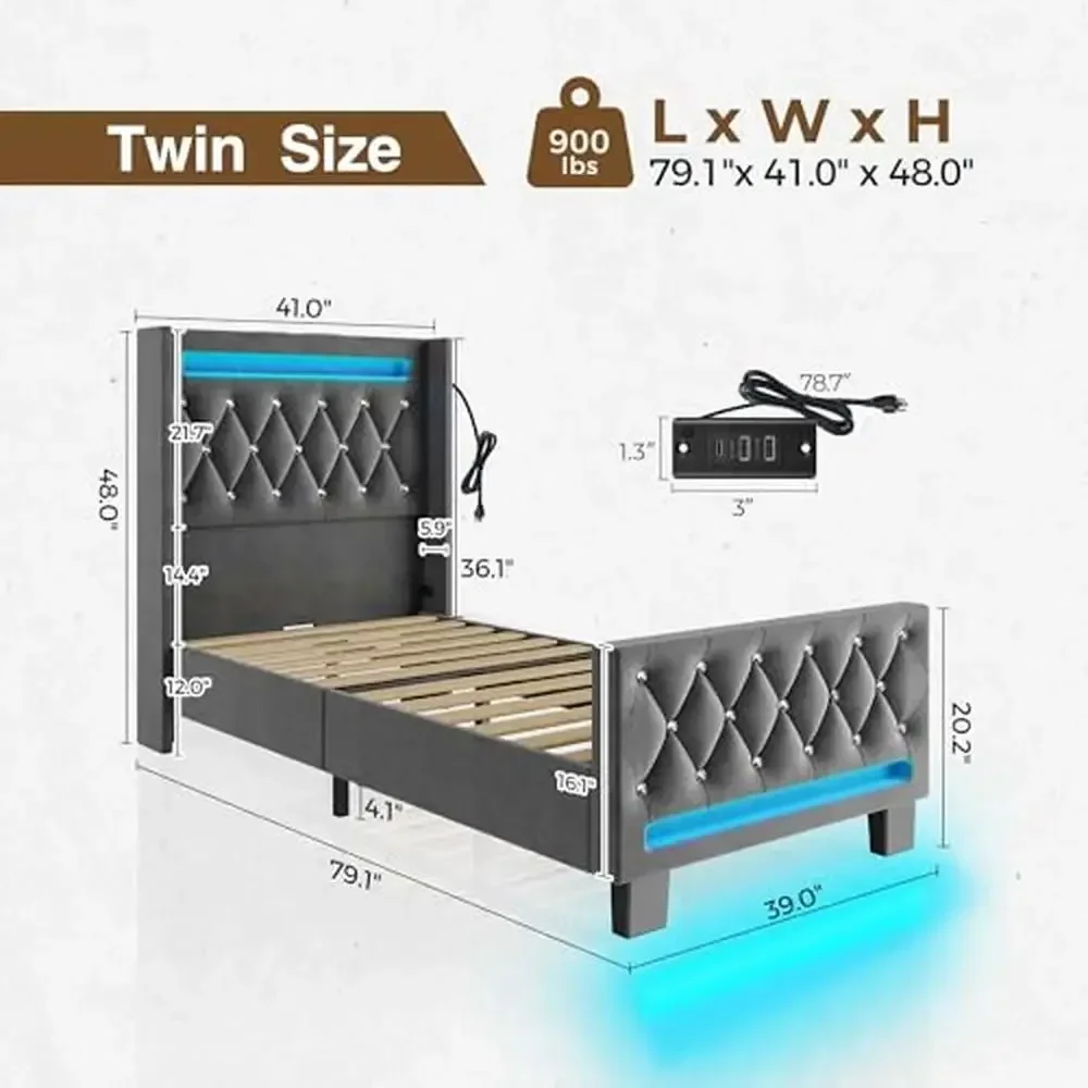 Upholstered Velvet Twin Bed Frame with RGB LED Light Charging Station High Headboard & Footboard Wood Slats Noise Free Easy