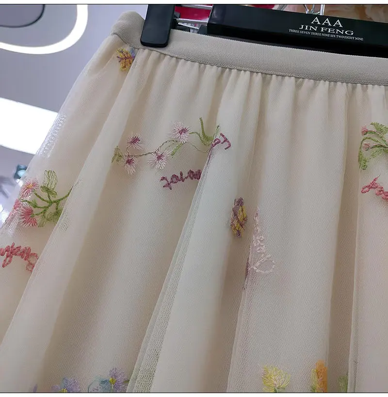Wiosenna moda damska, spódnice z wysokim stanem, rozkloszowane, plisowane, długie spódnice letnie z siateczki, tiulu, haftowane, w kwiaty, koreańskie, eleganckie, codzienne spódnice.
