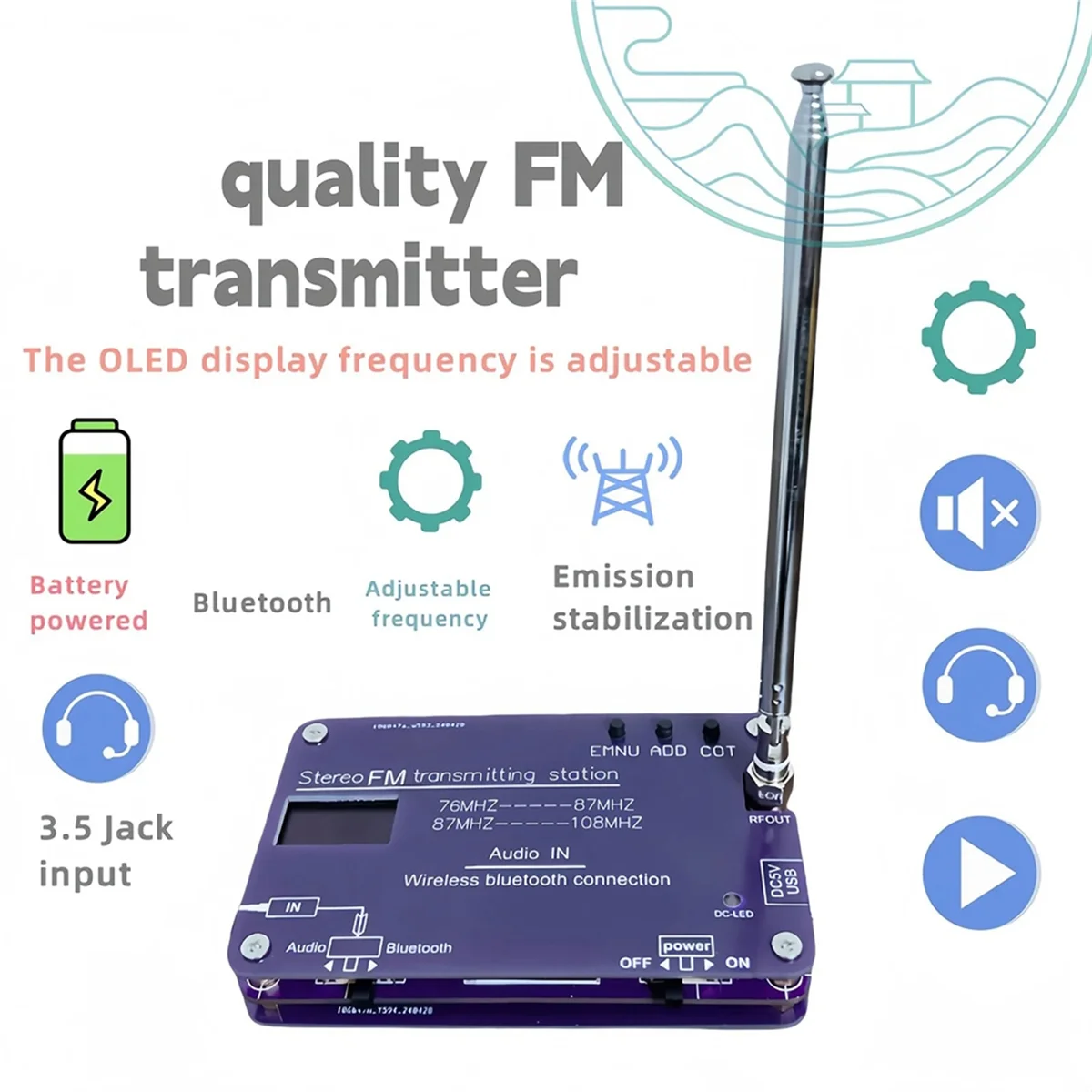 FM Transmitter 76MHz-108MHz Bluetooth FM Transmitter Radio with Battery for 100-Meter Transmission