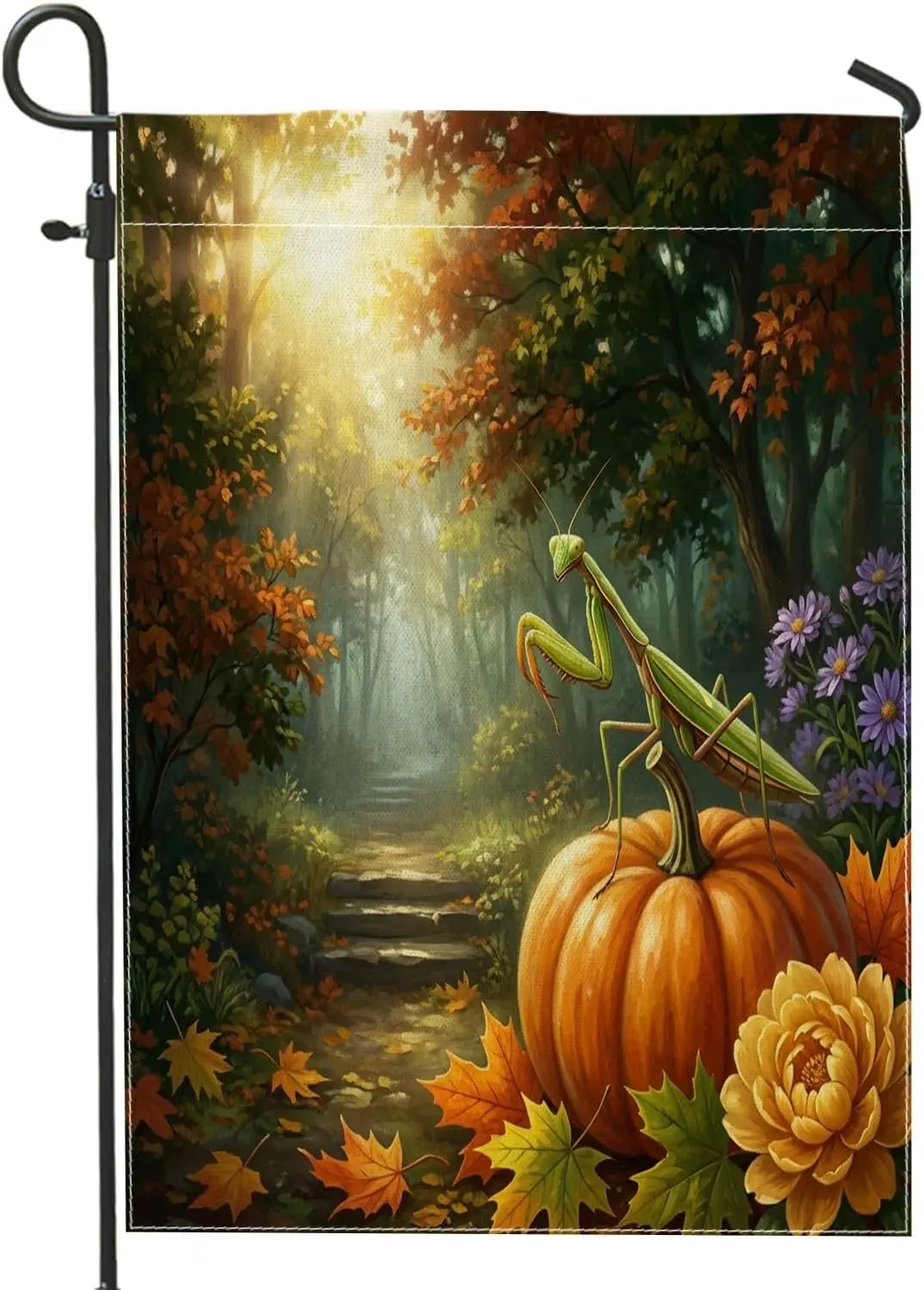 Fall Praying Mantis Insect Garden Flags 12x18 Inch for Outside, Holiday Pumpkins Forest Pattern Standard Linen House Flags,  yyi