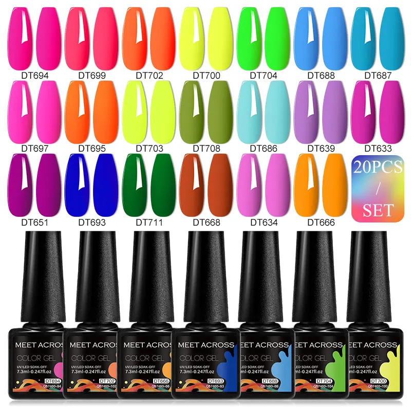 MEET ACROSS 20-teiliges Gel-Nagellack-Set für Nägel, bunt, rosa, blau, grün, Soak Off Nail Art Gel-Lack-Set für die Maniküre