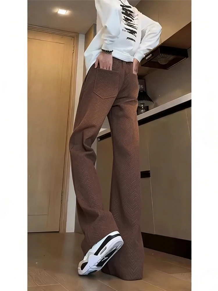 American Sle Men's Straight Leg Pants Spring Autumn Wheat Ear Pattern Casual Wide Leg Knitted Trousers Durable Everyday Wear