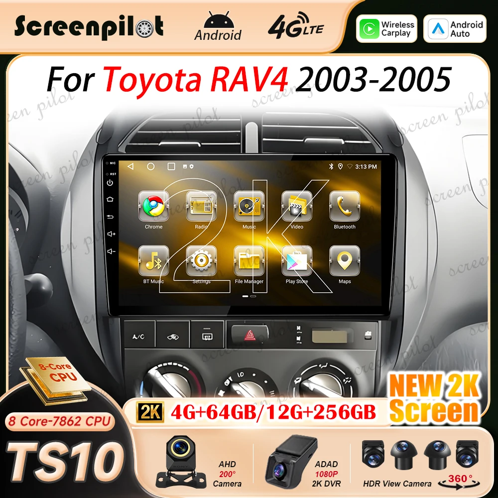 Android 16 Car Auto Radio For Toyota RAV4 RAV 4 2003 2004 2005 Multimidia Player GPS Stereo Wireless Carplay No 2DIN DVD 2K QLED