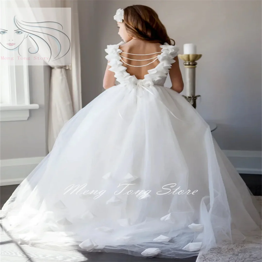 

Flower Girl Dresses Pearl Appliques With Petal And Tailing Sleeveless For Wedding Birthday Party First Communion Gowns