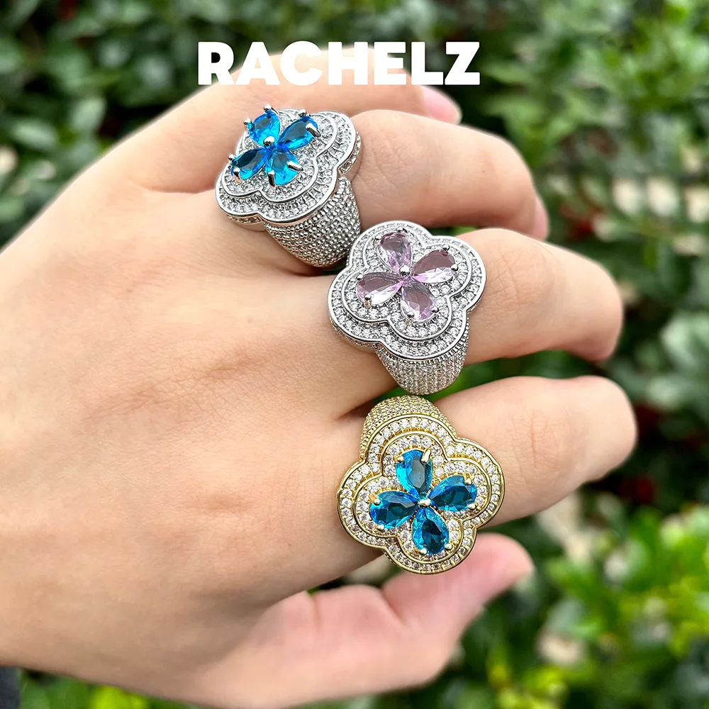 RACHELZ الهيب هوب مثلج خارج تشيكوسلوفاكيا حجر زهرة الزركون خواتم الاتجاه لامعة مكعب زركونيا البنصر للنساء الرجال المجوهرات يوميا #2