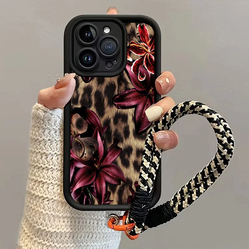 Lily Leopardenmuster Handyhülle mit Trageriemen für iPhone 12 13 14 15 16 17 ProMax 15 14 13 Pro Plus Stoßfeste Matte Silikonhülle – Detail 1