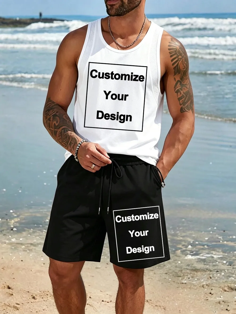 

Summer Customize Vest Shorts Set Mens Tank Tops Sporty Outdoors Sleeveless Basic Loose Pocket Pants Personalization DIY Clothes