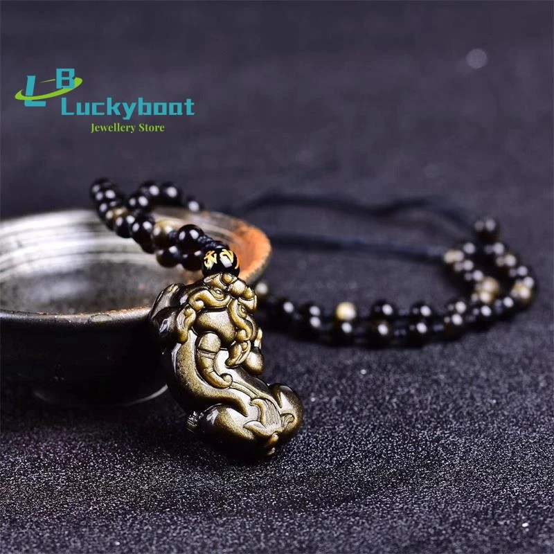 Hand Carved Golden Obsidian Pixiu Pendant Necklace Lucky Natural Obsidian Crystal 2 Coins Generations are rich Fine Men Jewelry