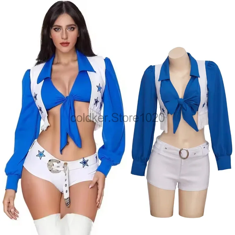 

Women Dallas Cowboys Cheerleader Costume Adult Star Cheerleading Sports Uniform Sexy Top and Shorts Set Halloween Fancy Clothes