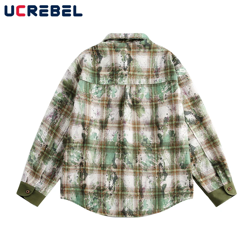 Flower Embroidery  Long Sleeve Plaid Shirts Mens Spliced Autumn Retro High Street Loose Single Breasted Curved Hem Shirts Men