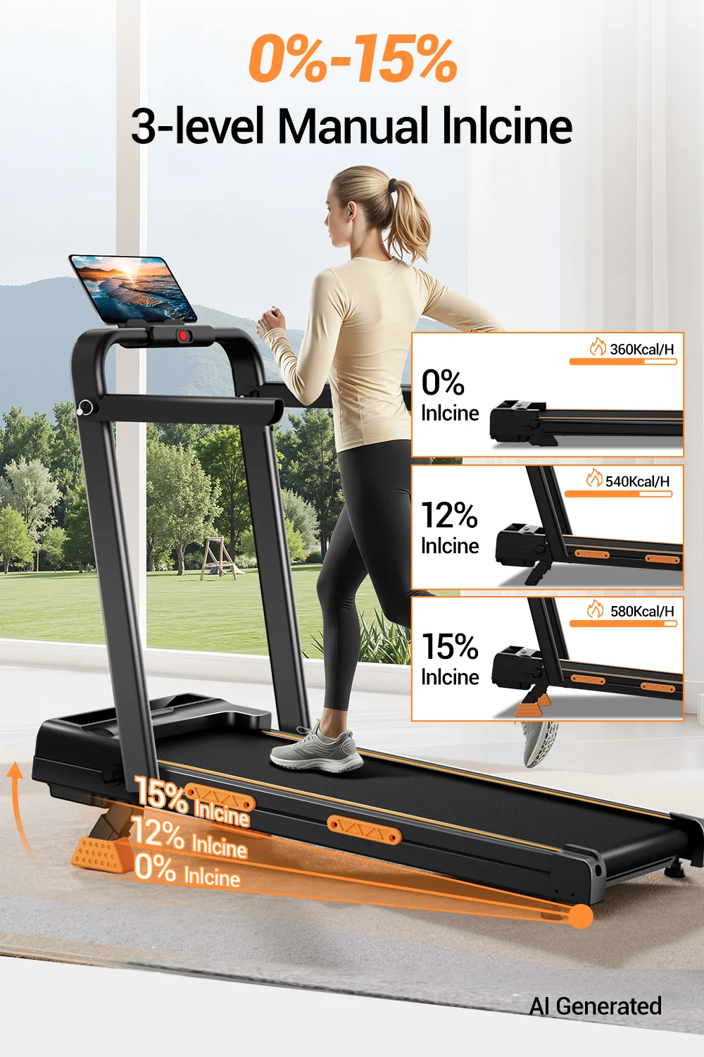 ROBORE X5F Foldable Incline Treadmill for Home, 15% Manual Incline Walking Pad with Handles, Quiet Brushless Motor, 330lbs Capacity, Under Desk Treadmill, LED Display, Wireless Remote Control, Joint-Friendly Running Belt