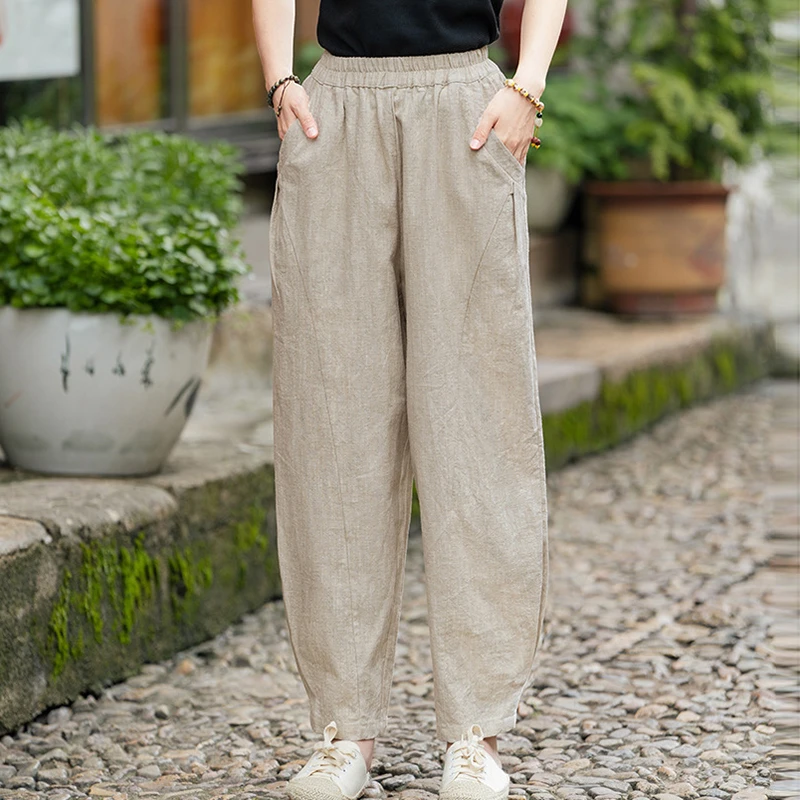 

High Waist Cotton Linen Harem Pants Women New Arrival 2025 Spring Vintage Style Solid Color Loose Female Casual Trousers M1462