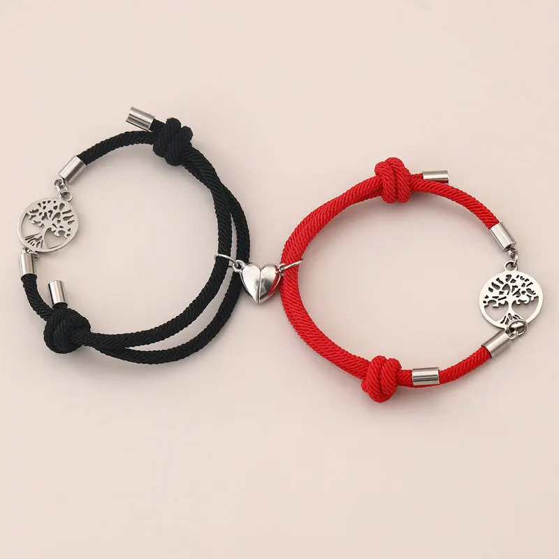 2Pcs/Set Magnetic Love Heart Couple Bracelet Adjustable Rope Stainless Steel Tree Life Charm Bracelets for Women Men Jewelry