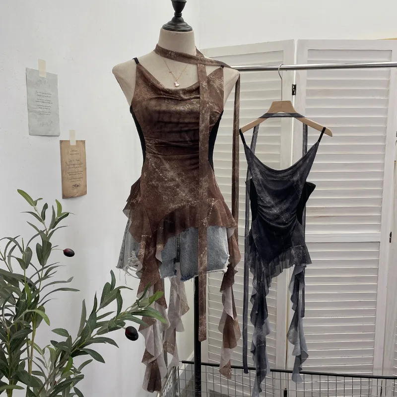 女性ニッチシックな揺れ襟不規則なリボンベストセクシーな背中の開いたスリムフィットホルターネックショートキャミソールトップカジュアルストリート 8017