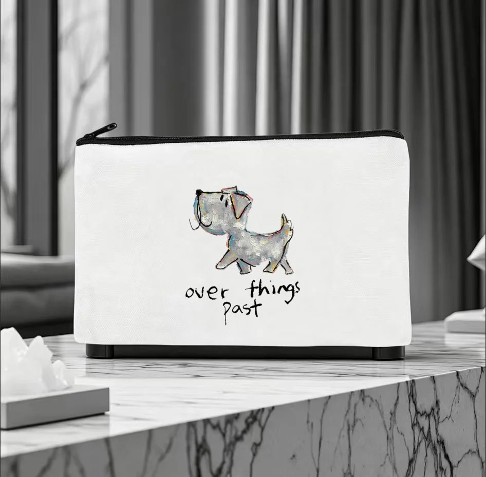 1PC Sketch Textured Terrier Dog Over Things Past Quote Canvas Cosmetic Bag Double Sided Portable Zipper Pouch