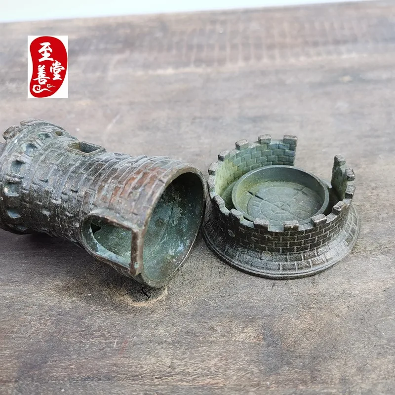 Antique Collection Old Patina Alloy Copper Living Room Decorative Ornament Castle Small Incense Burner 5x5x6.5CM