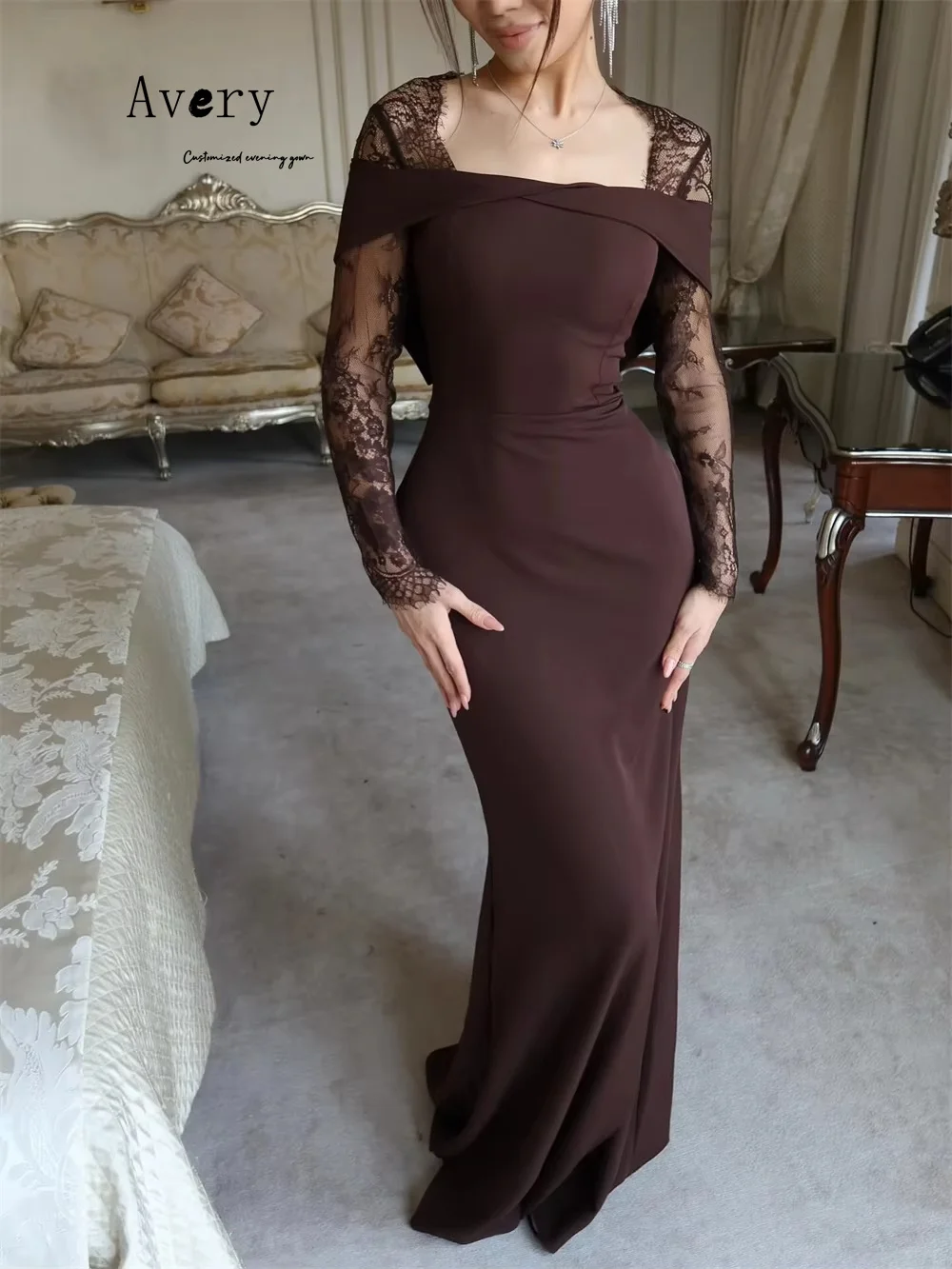 Avery vestido de fiesta bordado con cuello cuadrado y cola de pez de encaje personalizado, vestidos elegantes y formales para mujer, vestido de fiesta de lujo, noche 2025