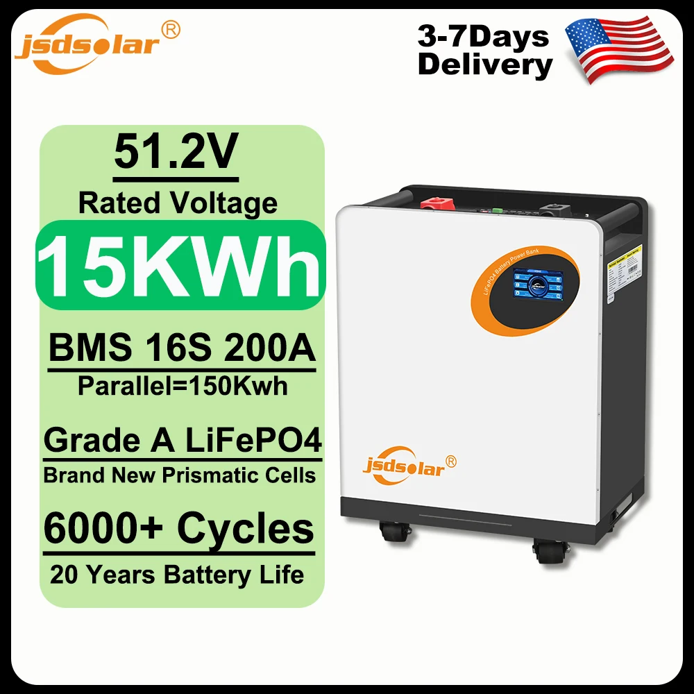 Jsdsolar 15KWH LiFePO4 Battery 51.2V 304Ah Solar Energy Storage Built-in Bluetooth 200A BMS Low-Temp Protection Grade A+ Rechargeable 6000+ Cycles Lithium Battery for Home Backup Emergency BMS