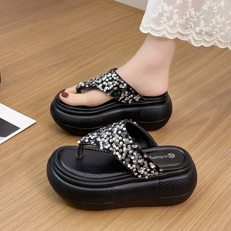 

New Summer Bling Beach Sandals Women Wedge Heels Slippers Ladies 8CM High Platform Chunky Slides Woman Outdoor Casual Flip Flops