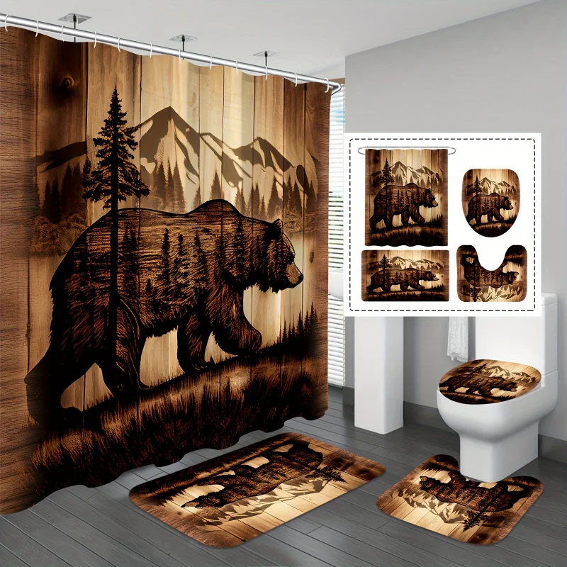 1/4pcs Deluxe Bear Pattern Essentials Set - Waterproof Shower Curtain with Rust-Resistant Hooks, Non-Slip Bathroom Back,