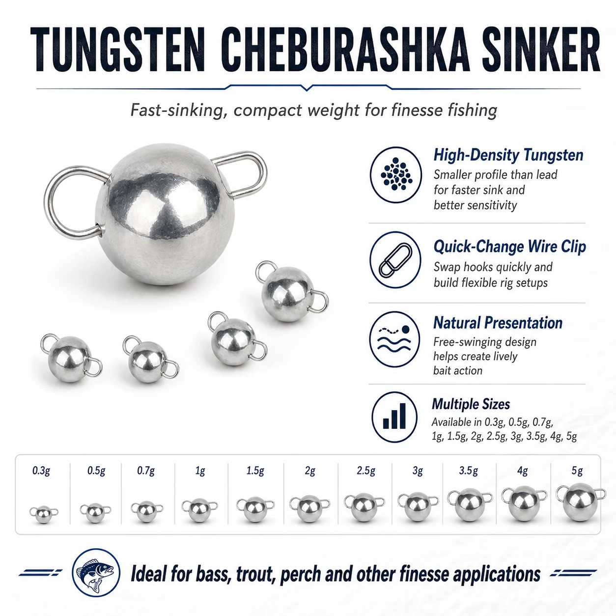 Elite TG 0,3-3g 10 Stück Tungsten Cheburashka Gewichte für Angeln Kugelblei Süßwasser-Angelköder – Detail 4