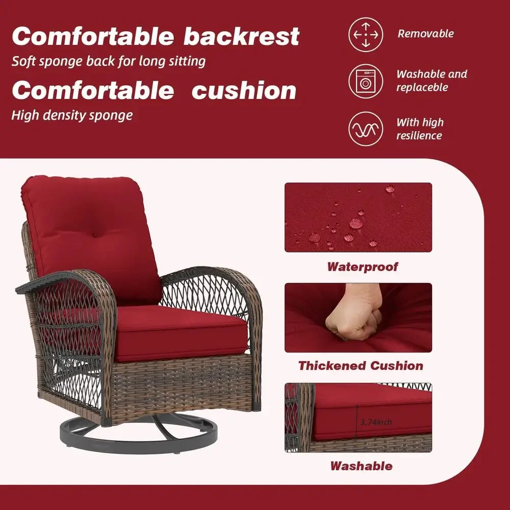 3-Piece Outdoor Swivel Rocker Set with Wicker Bistro Chairs, Cushions, and Glass Coffee Table in Wine Red for Patio, Garden, Bac