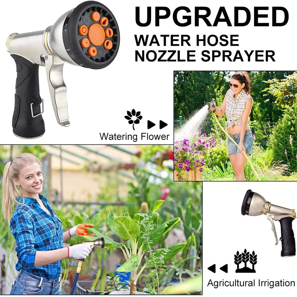 Garden Hose Nozzle 9 Adjustable Modes Zinc Alloy Water Sprayer With Anti-slip Grip For Car Washing Plant Watering Cleaning Tool