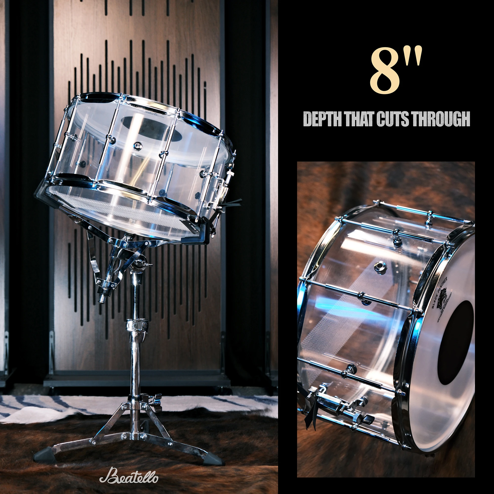 1408 Kristall-Acryl-Snare-Drum mit PVC-Trommelfellen - Kraftvoller Klang für Bühne, Studio & Live-Auftritte – Detail 1