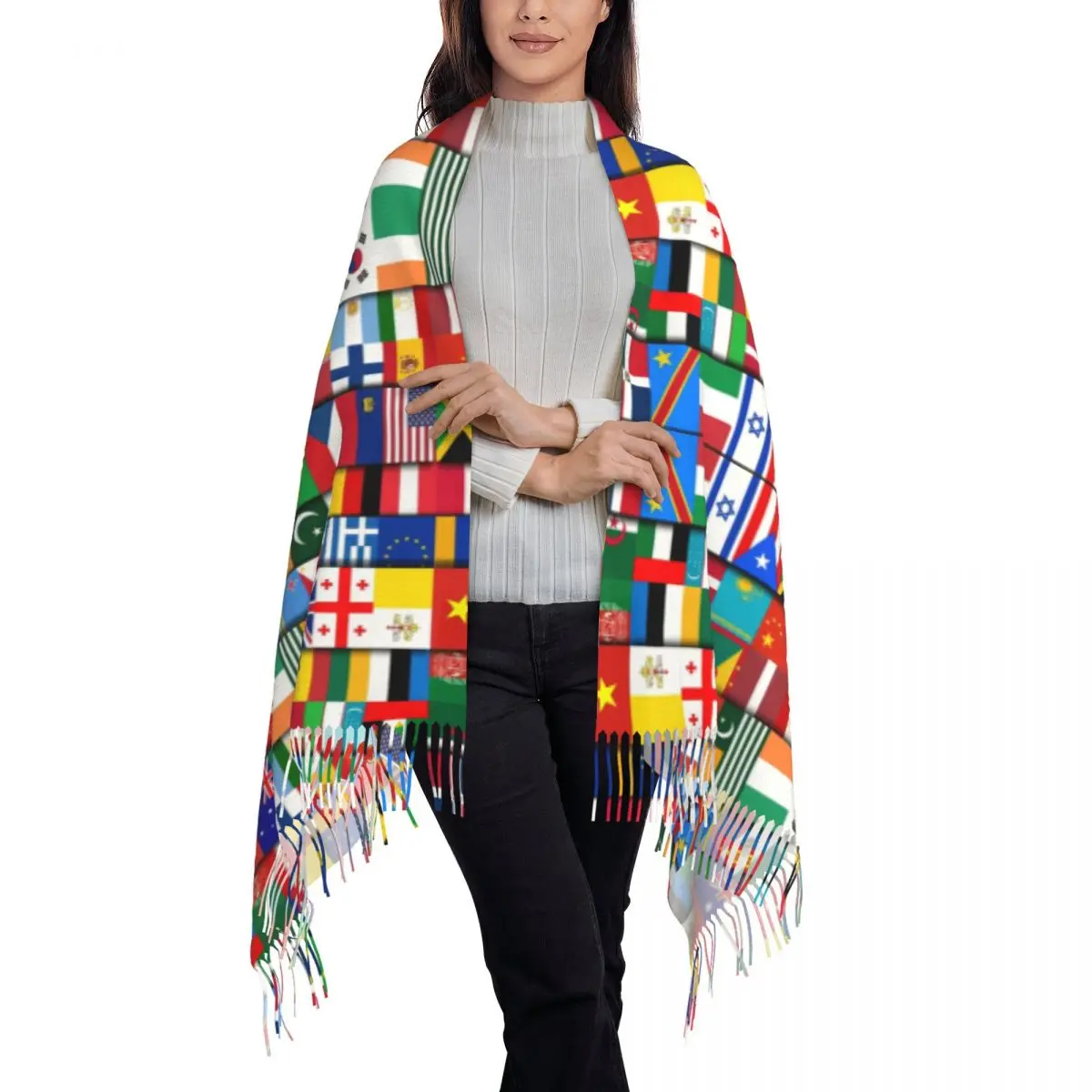 Ladies Large 60 Flags Of The Countries Of The World Scarves Women Winter Fall Soft Warm Tassel Shawl Wrap International Scarf