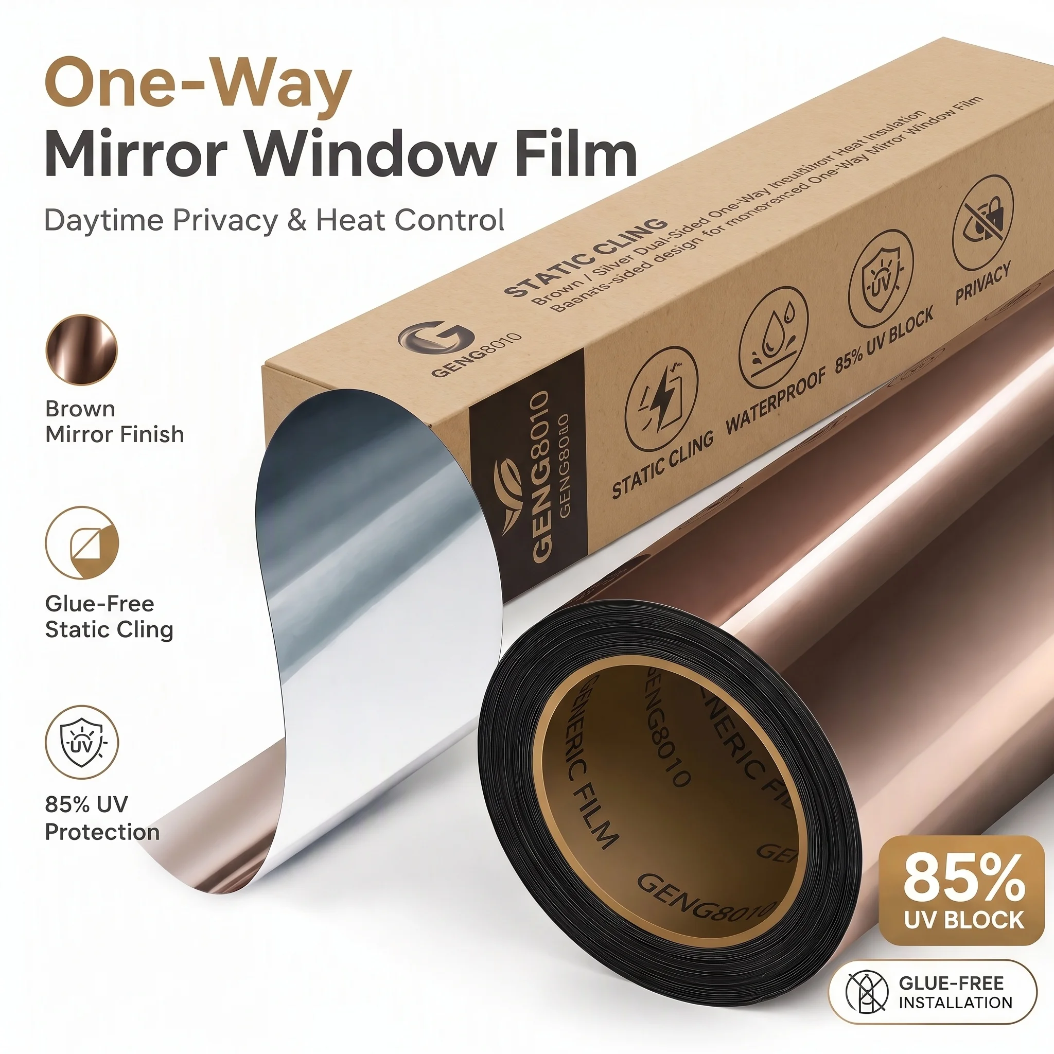 Static No‑Glue Brown Silver Back Mirror Window Film Heat Insulation 85% Anti‑UV One‑Way View Privacy Glass Film for Living Room