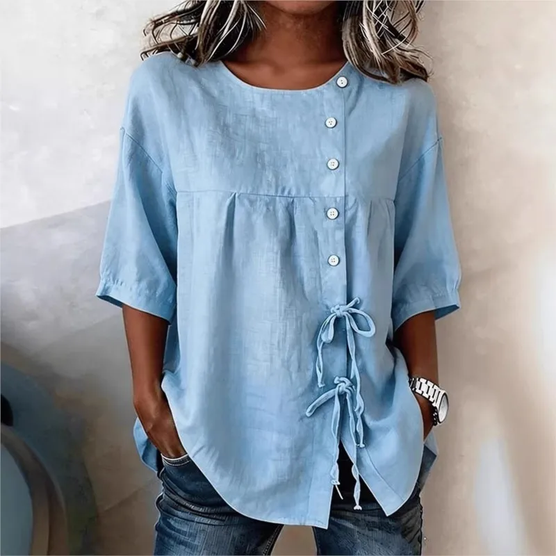 Retro Loose Women Blouse Shirt 2026 New Summer Round Neck Mid Sleeve Tops Fit Side Button Lace-up Casual Solid Oversize T-shirt