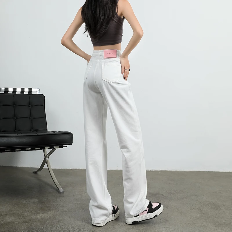OUSSYU Brand Woman Jeans High Waist Wide Leg Cotton Denim Clothing Blue White Streetwear Vintage Fashion Harajuku Straight Pants