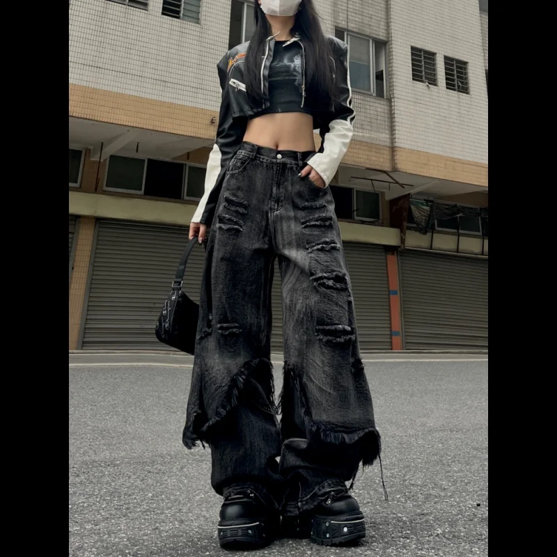 Womens Layered Cargo Jeans Distressed Wide Leg Denim Pants for Hip Hop Jazz Dance and Street Fashion Outfits
