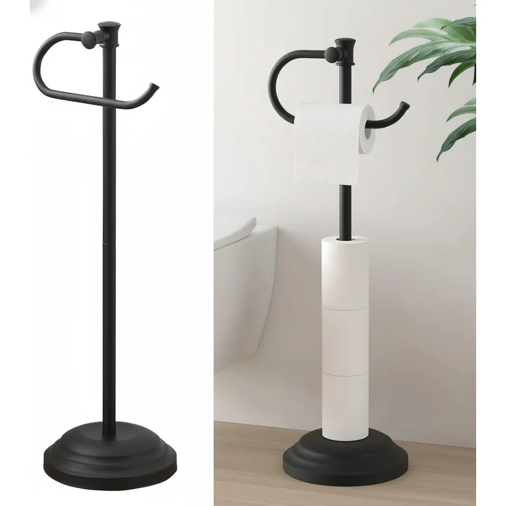 

25" Freestanding Toilet Paper Holder with Shelf, Heavy Base for 4 Rolls Storage, Modern Matte Black Bathroom Organizer