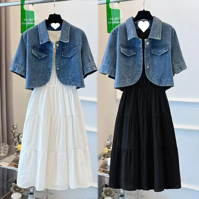 Vestidos Women's 2-Piece Outfit Denim Crop Jacket and Tiered Maxi Dress Set
