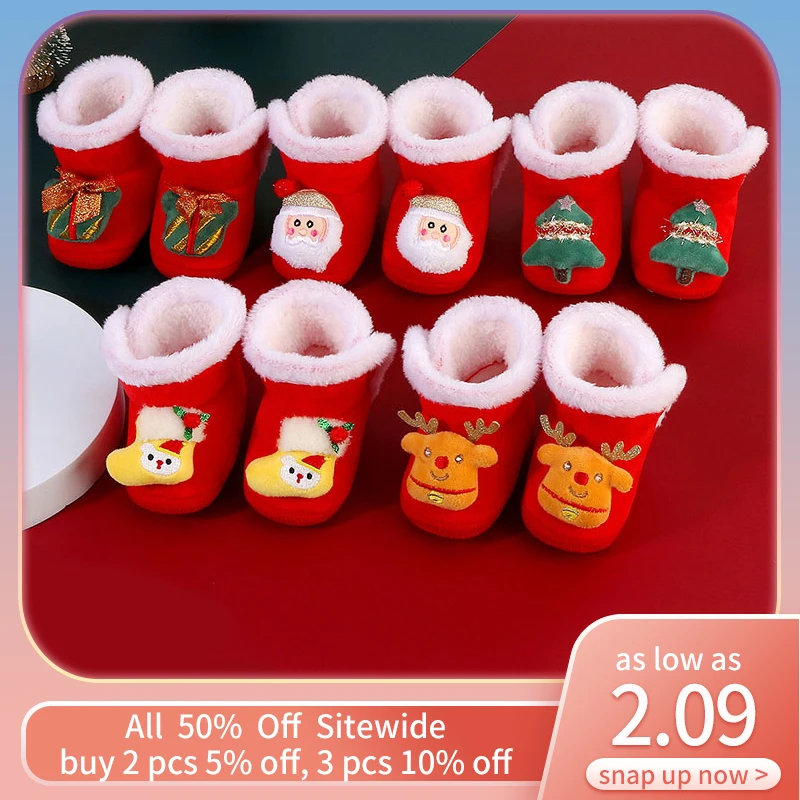 Baby Christmas Shoes Winter Infant High Top Snow Boots Thick Plush Warm Toddler Anti-skid Soled Xmas Gift Newborn First Walkers