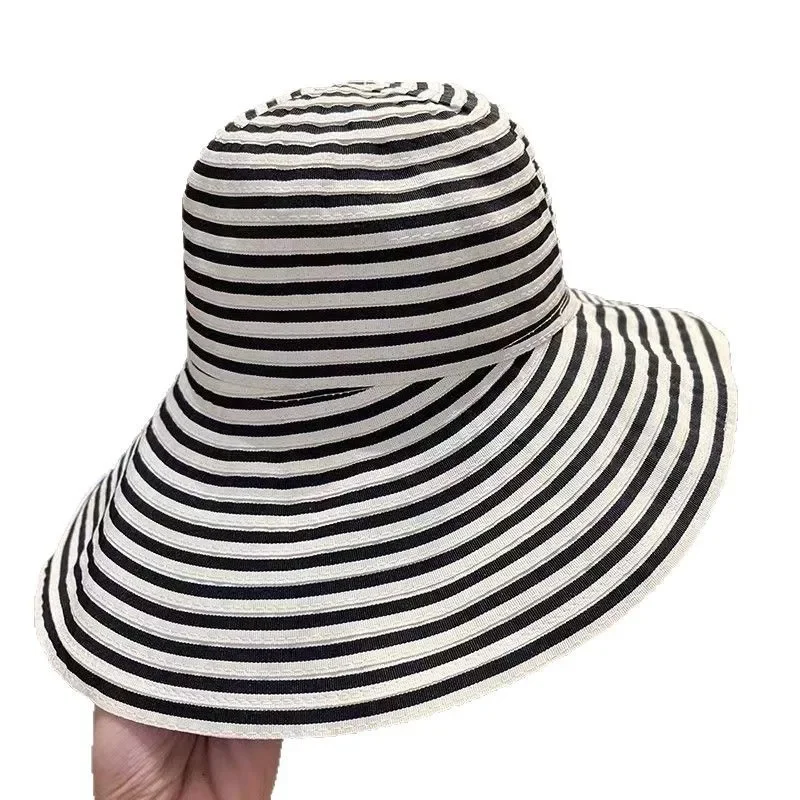 2025 New Japanese Foldable Striped Bucket Hat, Women's UPF 50+ Summer Sun Hat, Oversized Fisherman Cap Trendy Beach Accessories