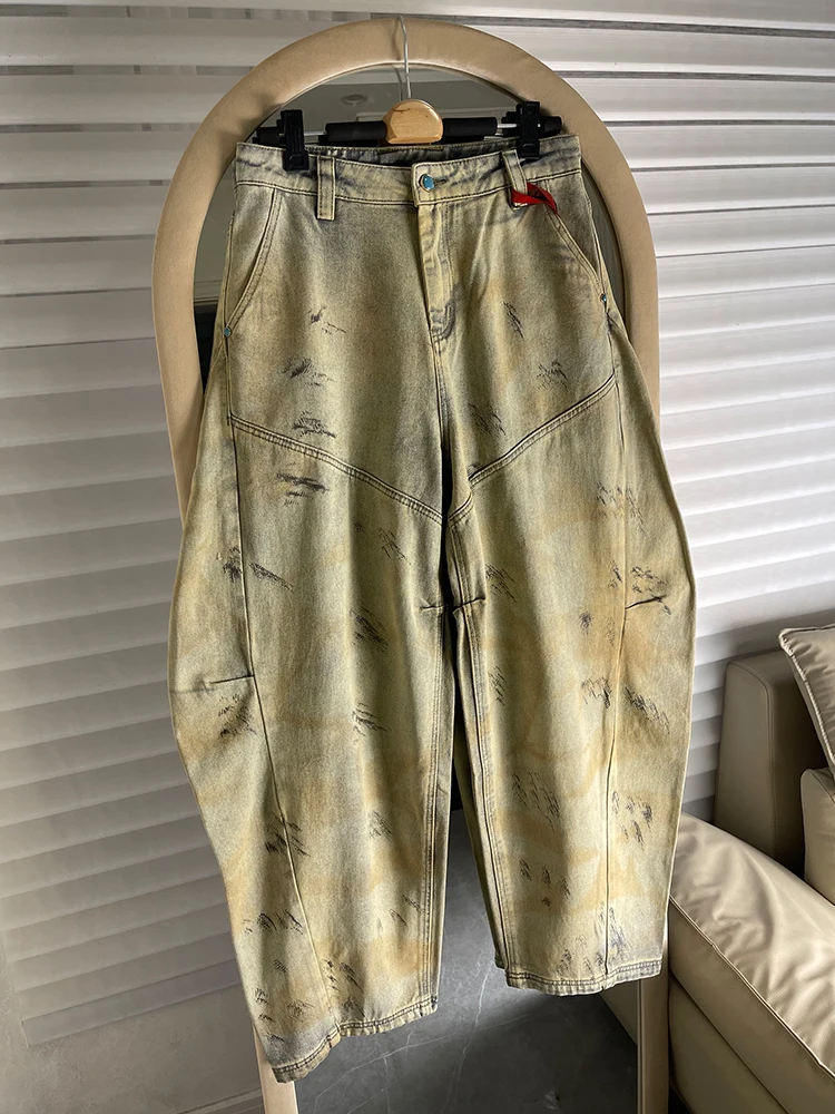 

Paris Heavy Industry Wide Leg Jeans Yellow Mud Dye Loose Fit Men Women Spring Autumn American Style Casual Cotton Denim