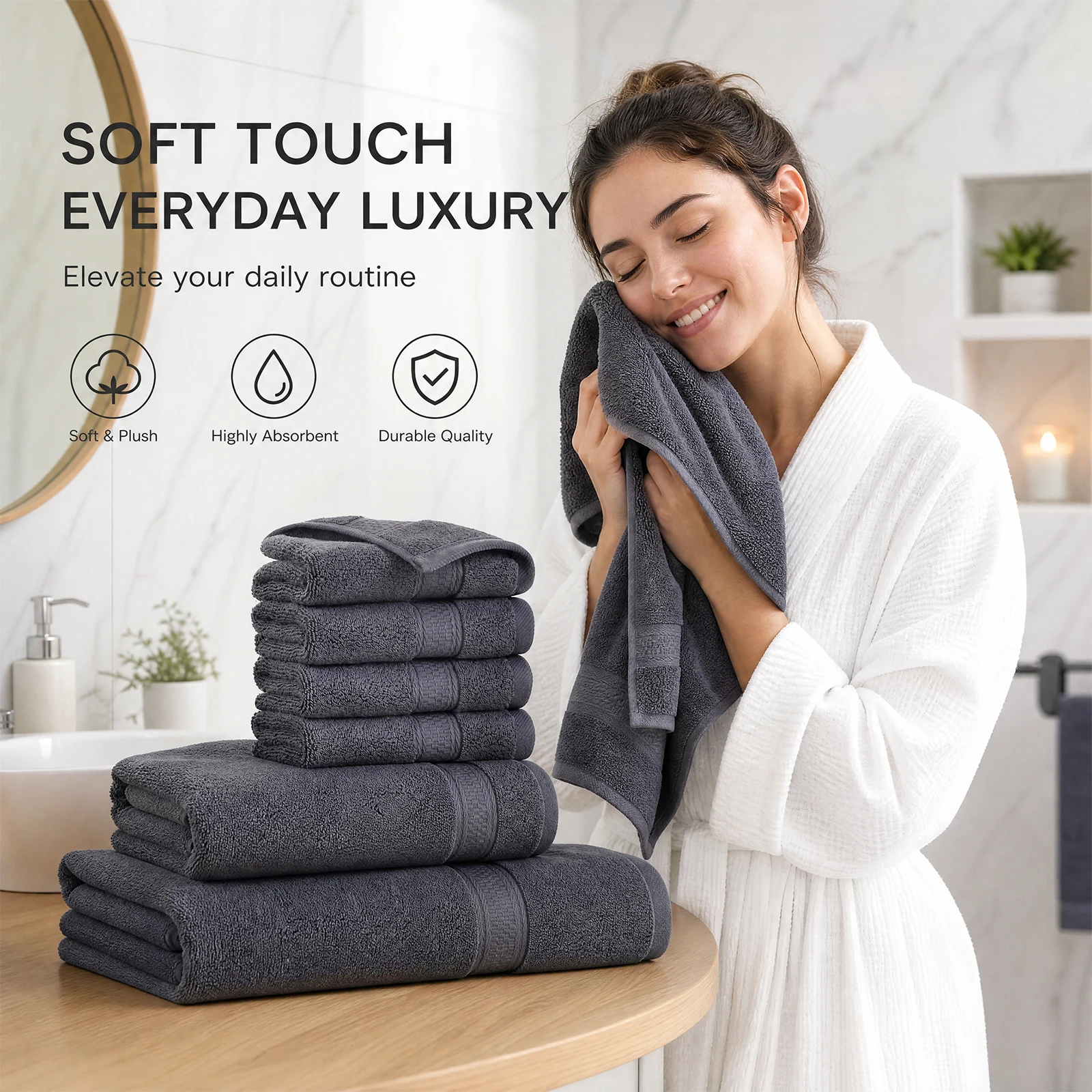 Towels 8 Piece Majestic Plush Luxury Towel Set, Cotton, Grey | Majestic Plush 100% Ring Spun Cotton Towels - Super Absorbent, Quicker-to-Dry, Thick & Soft, Bathroom, Spa & Hotel  Includes 2 Bath Towels  2 Towels 4 washcloths